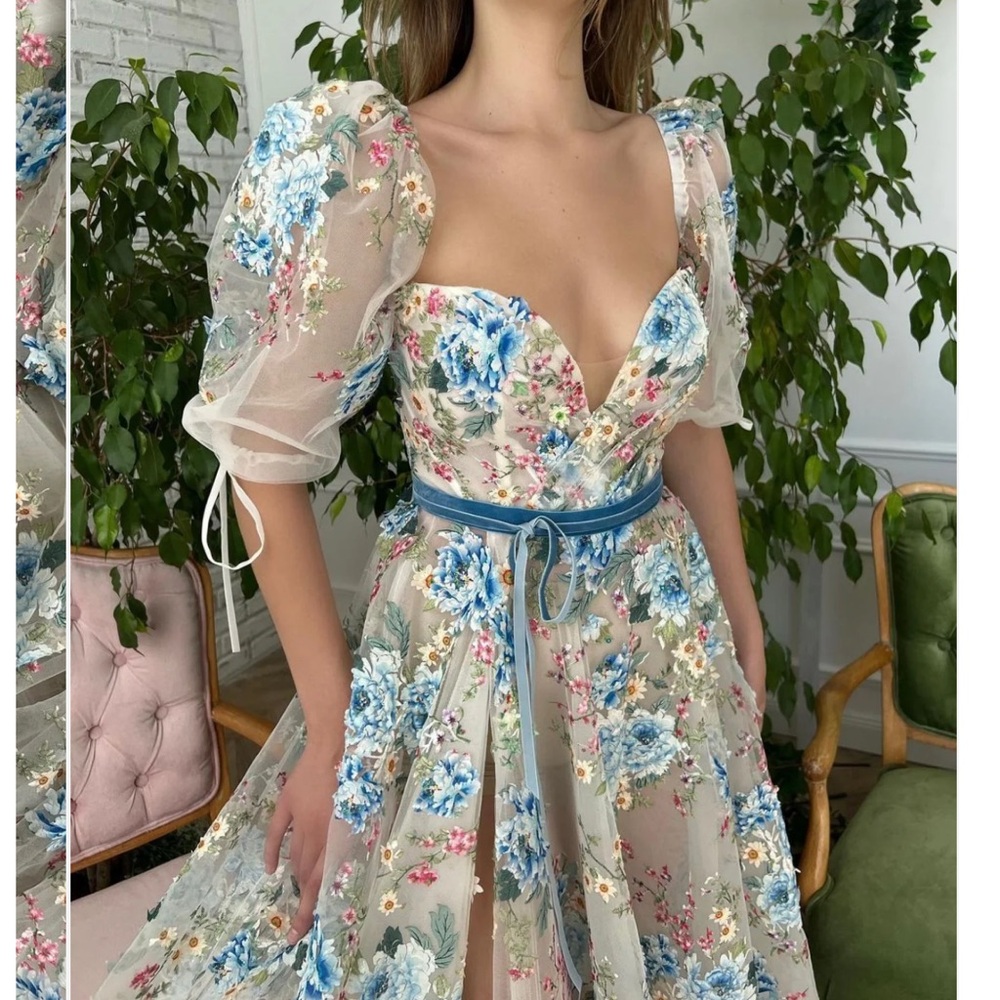 Teuta Matoshi- Cerulean Wildflower Floral Puff Sleeve Dress with Blue Accents